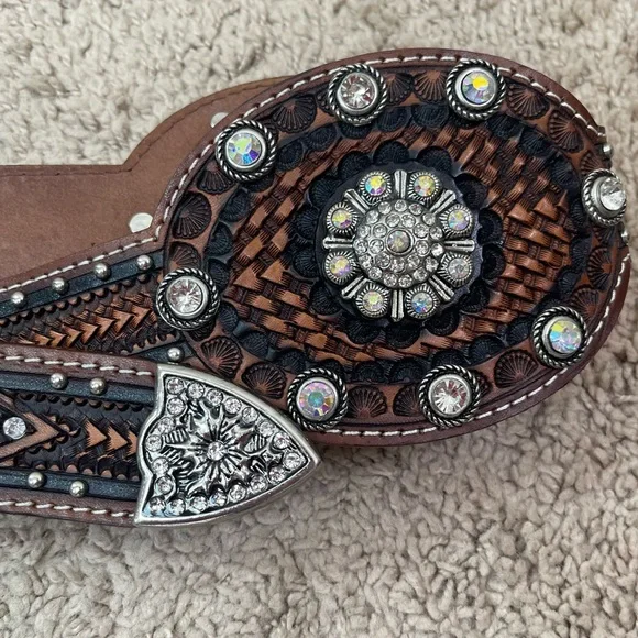 Tony Dilaz Women\'s Vntg Western NFR Bling Hand-Tooled Leather Belt Size 36 Womens HAND TOOLED LEATHER Rhinestone Western Cowgirl Cowboy  main image 3